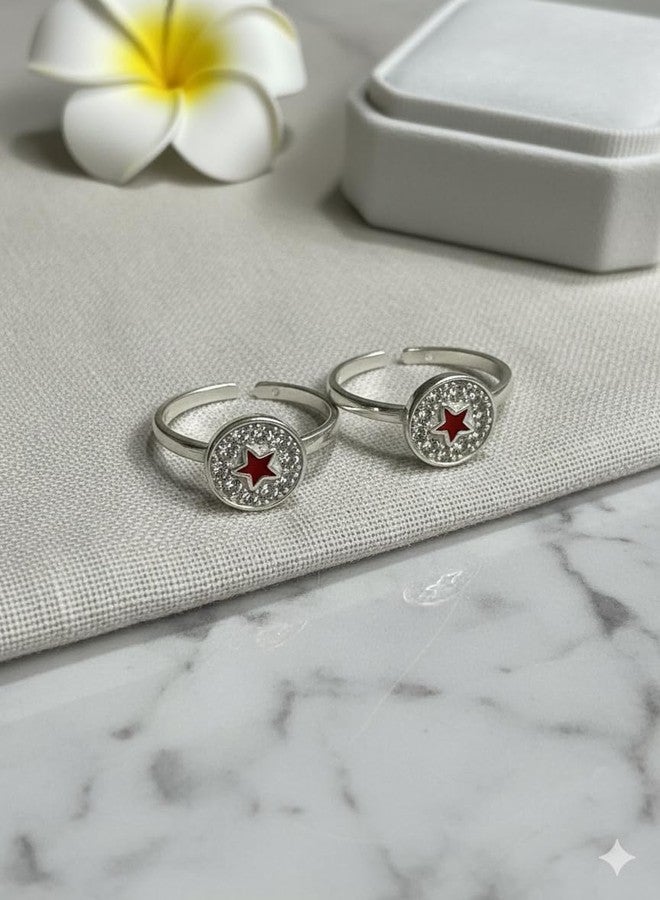 Parnika 925 Red Star CZ Embellished Toe Rings in Pure 92.5 Sterling Silver for Women | Chandi Bichiya | - Image 2