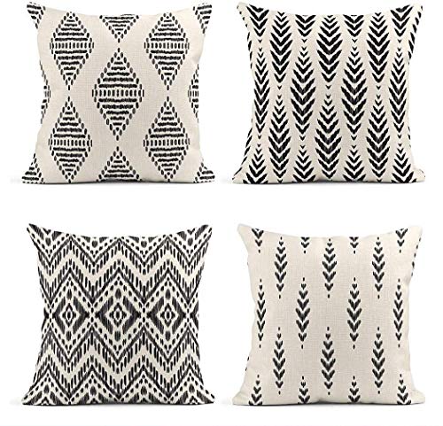 ArtSocket Set of 4 Throw Pillow Covers Ikat Tribal and Boho Bohemian Black Ethnic Herringbone for Ideas Decor Linen Outdoor Pillow Cases Home Decorative Square 16x16 Inches Pillowcases - Image 1