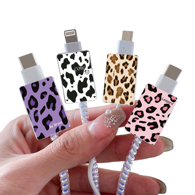 CameCosy Cute Cable Protector for iPhone Type-c Charger, Kawaii Luxurious Leopard Cow Print Pattern 4 pcs Set Cable Protector for Women Girls,Charging Cord Protector,Cable Chomper,Charger Saver - Image 5