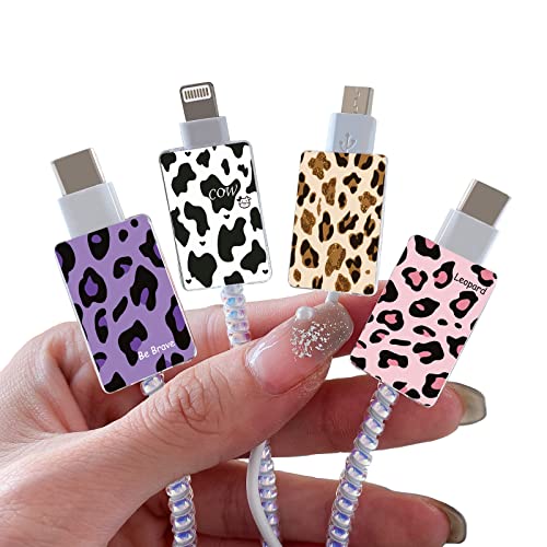 CameCosy Cute Cable Protector for iPhone Type-c Charger, Kawaii Luxurious Leopard Cow Print Pattern 4 pcs Set Cable Protector for Women Girls,Charging Cord Protector,Cable Chomper,Charger Saver - Image 1