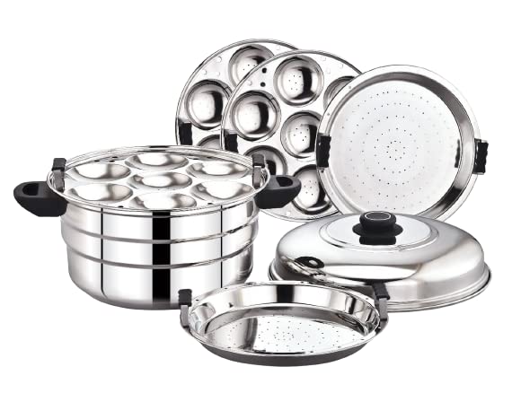 Diamond Diamond Stainless Steel Multi Steamer Pot (3 Idli Plates/21 Idlis, 1 Mini Idli Plate/And 1 Multi-Purpose Steamer/Idiyappam Steamer Plate)(21 Idli)., 5.8 Litre - Image 1