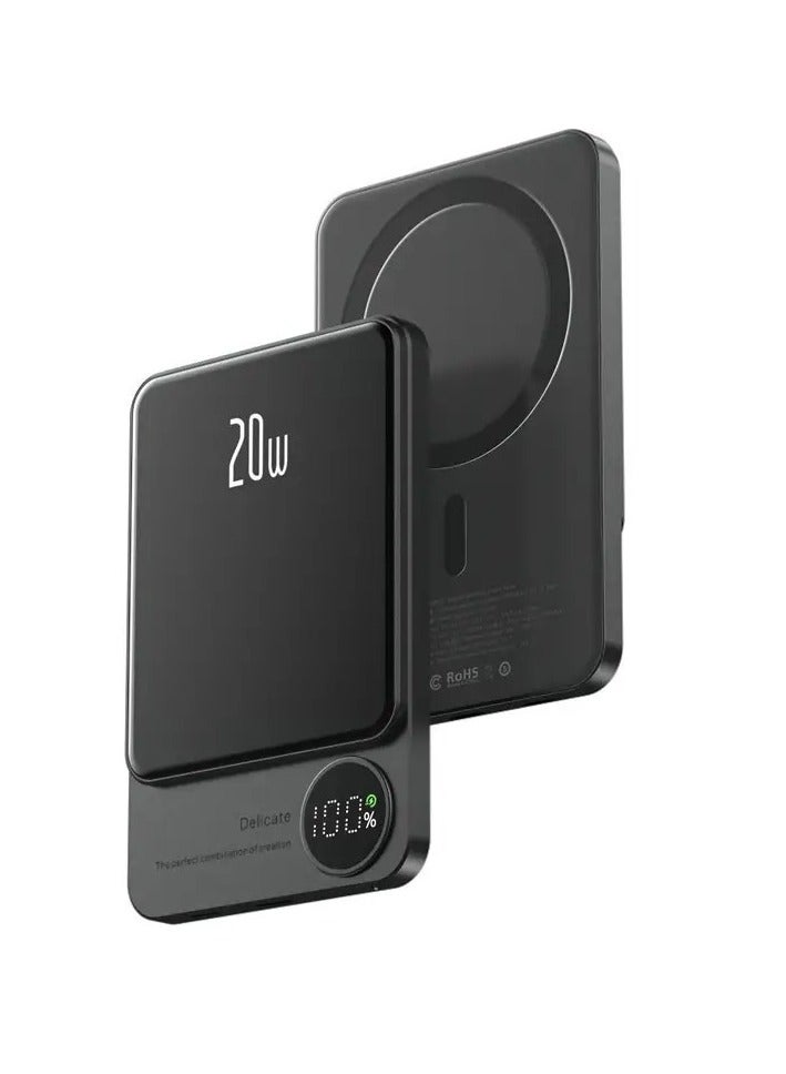 دولتري أحدث شاحن محمول 20 وات 5000 مللي أمبير في الساعة، بنك طاقة صغير، سبيكة ألومنيوم مغناطيسية لاسلكية سريعة الشحن مع شاشة LED Q9 (أسود) - Image 1