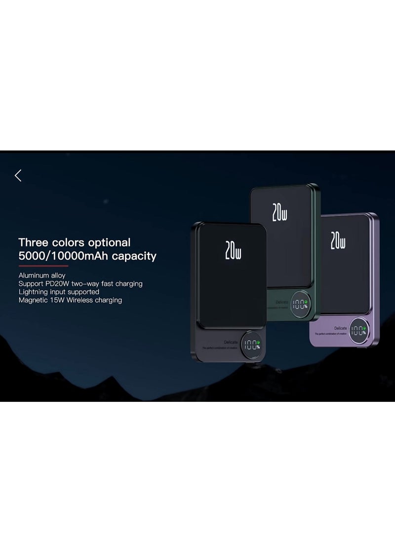 دولتري أحدث شاحن محمول 20 وات 5000 مللي أمبير في الساعة، بنك طاقة صغير، سبيكة ألومنيوم مغناطيسية لاسلكية سريعة الشحن مع شاشة LED Q9 (أسود) - Image 3