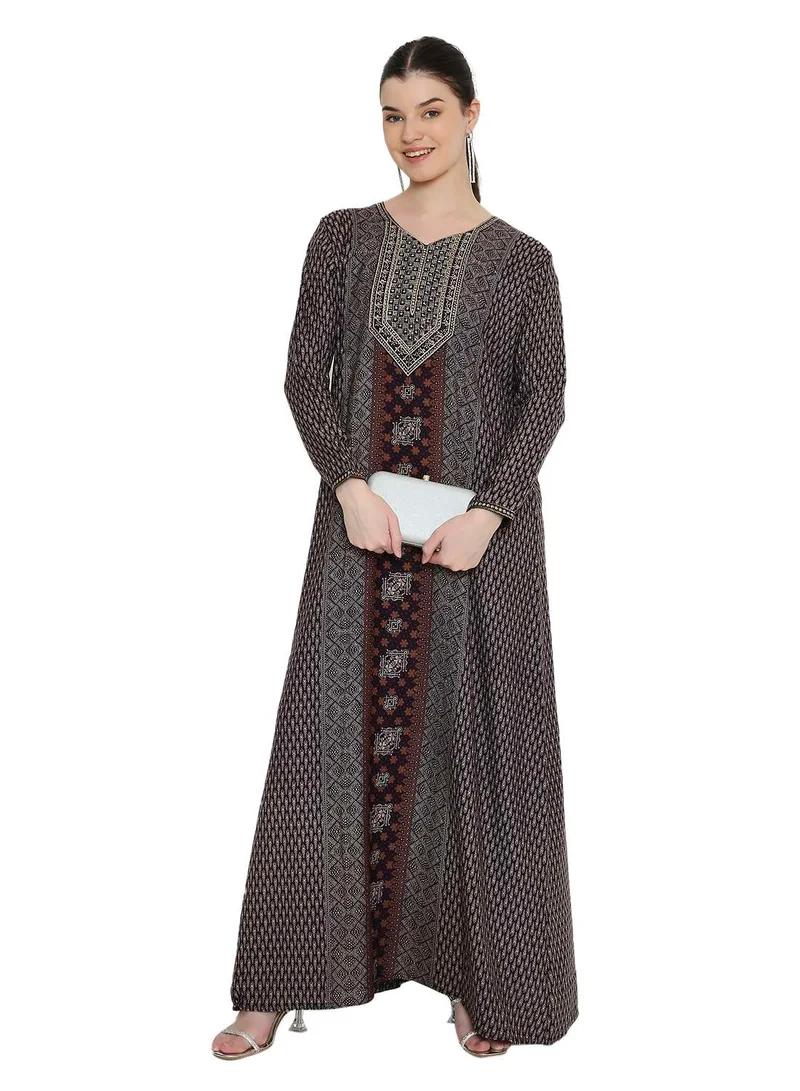 HANA & SARA Modest Maxi Kaftan Dress | Geo-Print Arabic Jalabiya with V-Neck Embroidery