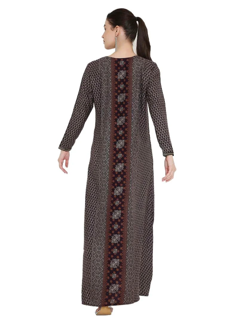 HANA & SARA Modest Maxi Kaftan Dress | Geo-Print Arabic Jalabiya with V-Neck Embroidery