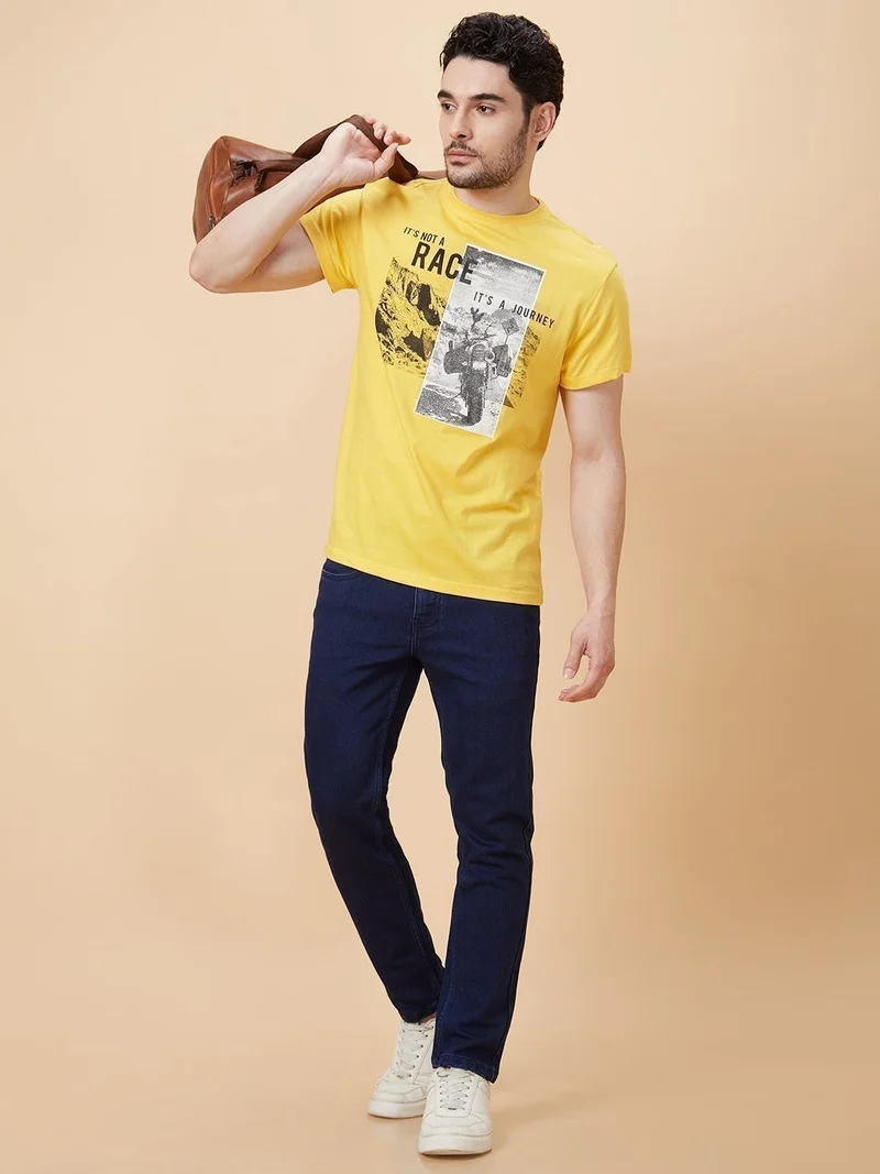 globus Globus Men Mustard Printed Cotton Regular Fit Casual T-shirt