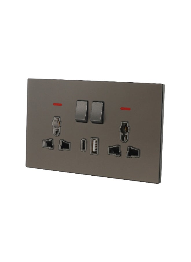 2 Gang Double MF Socket 13A - USB + Type-C (5V 3.1A) – Ultra Thin Glass, Fire-Resistant , 3-Year Warranty , Multi-Function with Fast Charging (Matt Grey) |Wall Socket Power Outlet