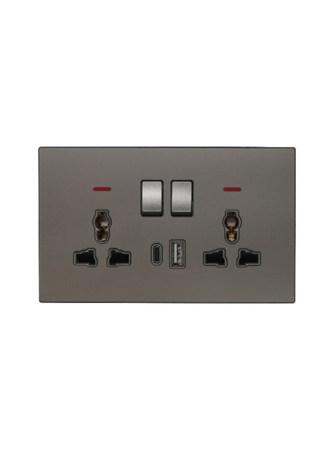 2 Gang Double MF Socket 13A - USB + Type-C (5V 3.1A) – Ultra Thin Glass, Fire-Resistant , 3-Year Warranty , Multi-Function with Fast Charging (Matt Grey) |Wall Socket Power Outlet