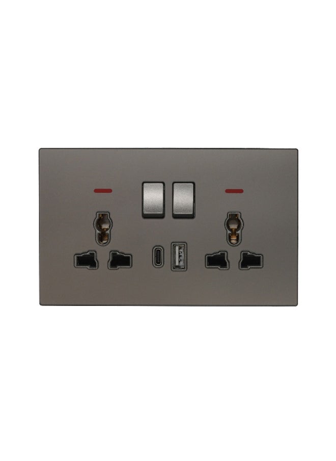 2 Gang Double MF Socket 13A - USB + Type-C (5V 3.1A) – Ultra Thin Glass, Fire-Resistant , 3-Year Warranty , Multi-Function with Fast Charging (Matt Grey) |Wall Socket Power Outlet