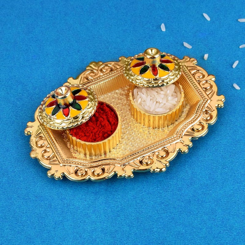 SATVIK 1 Pc Golden Decorative Kankavati Roli Chawal/Rice Holder with Lid, Kumkum Haldi Holder Designer Rakhi Pooja Thali Festival Diwali Pujan Tika Roli Plate Indian Housewarming Return Gifts Items - Image 2