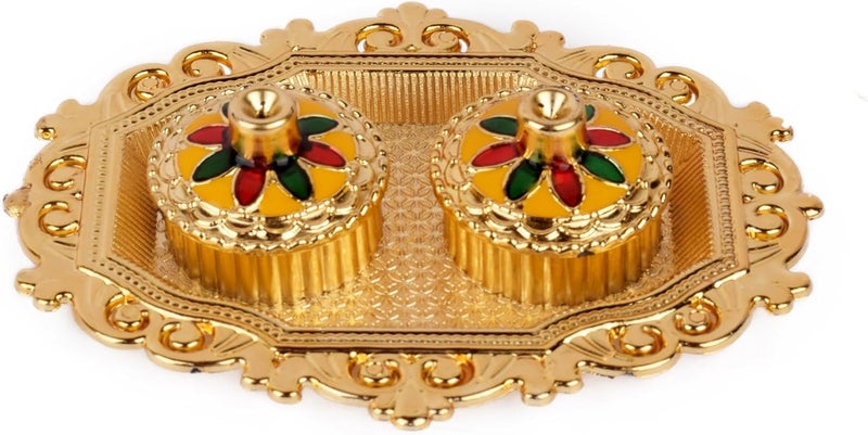 SATVIK 1 Pc Golden Decorative Kankavati Roli Chawal/Rice Holder with Lid, Kumkum Haldi Holder Designer Rakhi Pooja Thali Festival Diwali Pujan Tika Roli Plate Indian Housewarming Return Gifts Items - Image 3