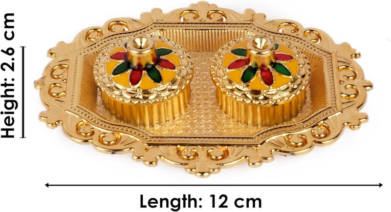 SATVIK 1 Pc Golden Decorative Kankavati Roli Chawal/Rice Holder with Lid, Kumkum Haldi Holder Designer Rakhi Pooja Thali Festival Diwali Pujan Tika Roli Plate Indian Housewarming Return Gifts Items - Image 5