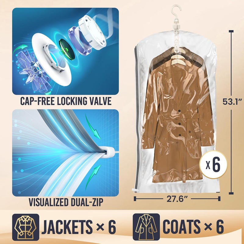 Taili Hanging Vacuum Sealer Suction Space Saver Storage Bags for Clothes with Electric Air Pump And Rolling Slide Clip for Coats, Closet Organizers, 6 Long - Image 3