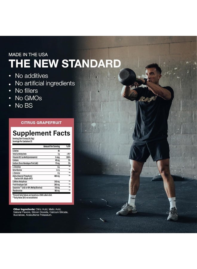 Raw RAW Pre-Workout Powder, Essential CHARGED (Citrus Grapefruit) - Preworkout Supplement for Men, Women - Supports Focus, Mood, Performance - Caffeine, Alpha-GPC, L-Citrulline, Beta Alanine (25 Servings)  - Image 5