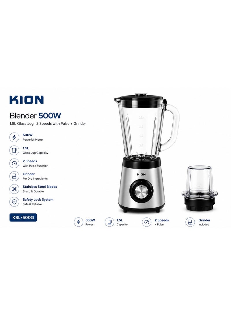 KION Blender 500W Stainless Steel 1.5L Glass Jug With 2 Speeds With Pulse + Grinder - BBB5015SG00 1.5 L 500 W BBB5015SG00 Multicolor - Image 1
