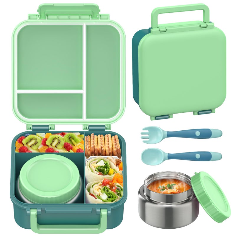 JOOPETALK Bento Lunch Box for Kids with 9oz Thermo, Leak-proof Lunch Containers with 3 Compartments,Kids-friendly Size,Durable/Dishwasher Safe Lunch Box for School Outdoors-Green - Image 1
