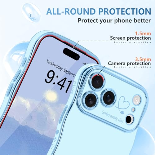LCHULLE for iPhone 17 Pro Max Case for Women Girls, Cute Wave Frame Curly Shape with Love Heart Raised Camera Protection Cover Luxury Plating Shockproof Phone Case for iPhone 17 Pro Max, Baby Blue - Image 4