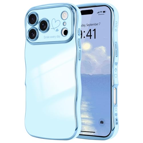 LCHULLE for iPhone 17 Pro Max Case for Women Girls, Cute Wave Frame Curly Shape with Love Heart Raised Camera Protection Cover Luxury Plating Shockproof Phone Case for iPhone 17 Pro Max, Baby Blue - Image 1