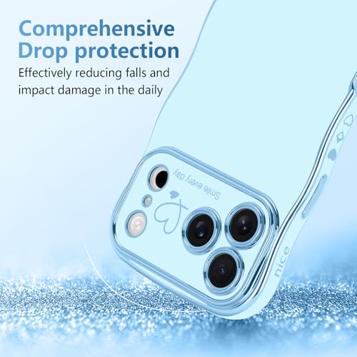 LCHULLE for iPhone 17 Pro Max Case for Women Girls, Cute Wave Frame Curly Shape with Love Heart Raised Camera Protection Cover Luxury Plating Shockproof Phone Case for iPhone 17 Pro Max, Baby Blue - Image 3