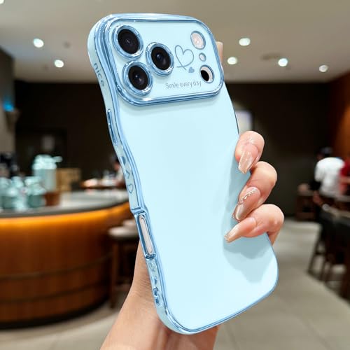 LCHULLE for iPhone 17 Pro Max Case for Women Girls, Cute Wave Frame Curly Shape with Love Heart Raised Camera Protection Cover Luxury Plating Shockproof Phone Case for iPhone 17 Pro Max, Baby Blue - Image 2