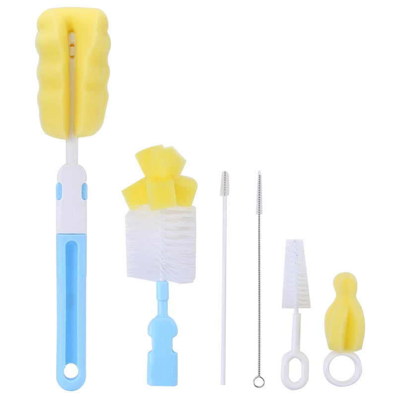 6Pcs Baby Bottle Nipple Brush Suit Set Flexible Rotating Sponge Head Cleaning Kit Blue - Image 1