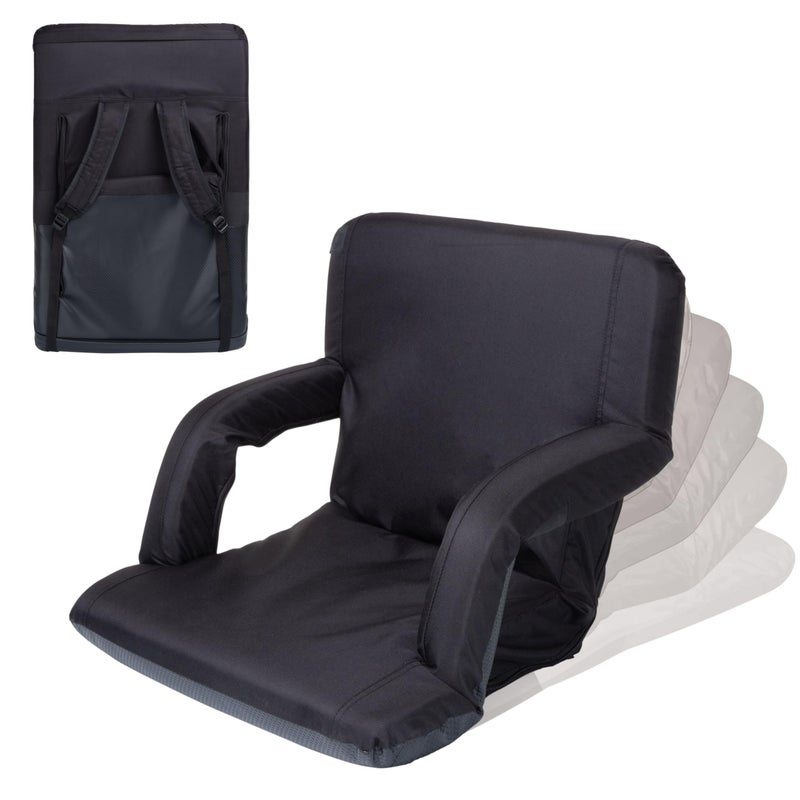 PICNIC TIME Ventura Portable Reclining Stadium Seat with Back Support, Folding Bleacher Chairs with Back and Cushion, Thick Padded Stadium Seat, Armrest, and Six Backrest Positions, (Black, Standard) - Image 1