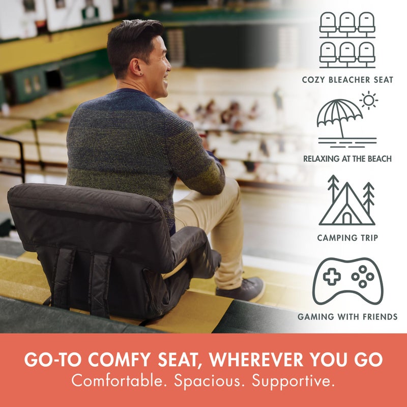 PICNIC TIME Ventura Portable Reclining Stadium Seat with Back Support, Folding Bleacher Chairs with Back and Cushion, Thick Padded Stadium Seat, Armrest, and Six Backrest Positions, (Black, Standard) - Image 2