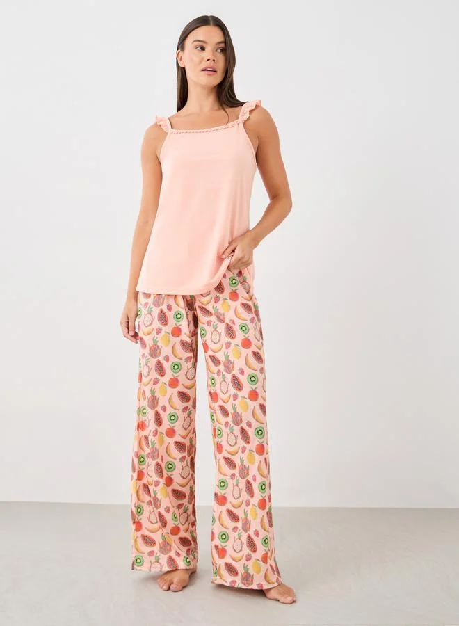 Styli Styli Ruffled Strappy Cami and Printed Pyjama Set