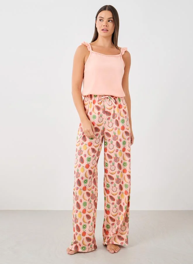 ستايلي Styli Ruffled Strappy Cami and Printed Pyjama Set