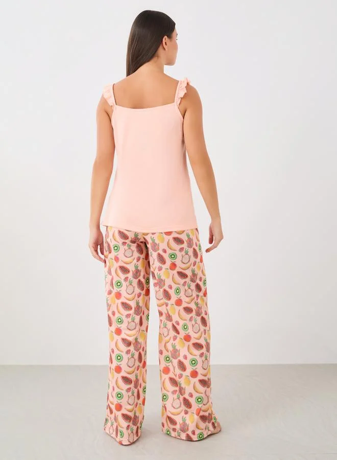 Styli Styli Ruffled Strappy Cami and Printed Pyjama Set