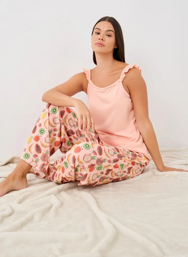ستايلي Styli Ruffled Strappy Cami and Printed Pyjama Set