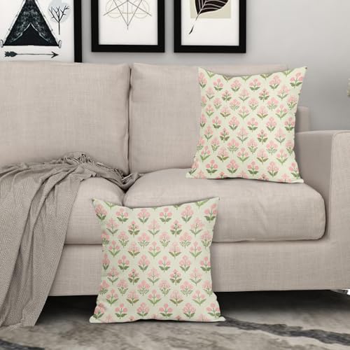 Sivirary Pink Green Block Print Pillow Covers 20x20 Inch Set of 2 Vintage Floral Decorative Pillow Cases Boho Outdoor Linen Square Cushion Cover Rustic Farmhouse Decor for Bedroom Home Sofa Couch Bed - Image 3