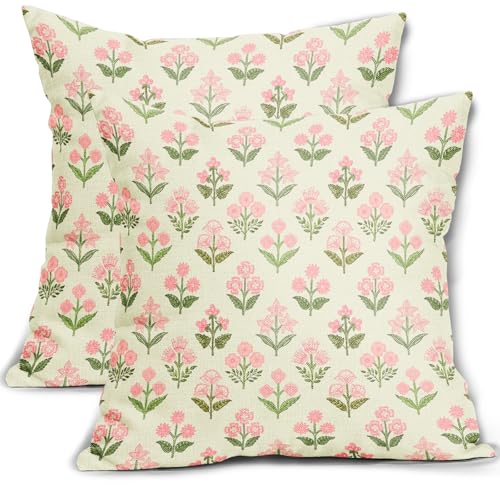 Sivirary Pink Green Block Print Pillow Covers 20x20 Inch Set of 2 Vintage Floral Decorative Pillow Cases Boho Outdoor Linen Square Cushion Cover Rustic Farmhouse Decor for Bedroom Home Sofa Couch Bed - Image 1