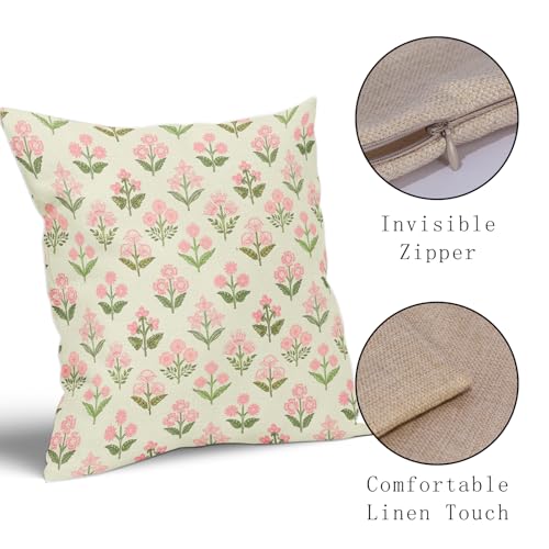 Sivirary Pink Green Block Print Pillow Covers 20x20 Inch Set of 2 Vintage Floral Decorative Pillow Cases Boho Outdoor Linen Square Cushion Cover Rustic Farmhouse Decor for Bedroom Home Sofa Couch Bed - Image 4