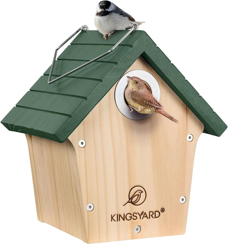 Kingsyard كوخ الطيور الخشبي من Kingsyard مزود بحماية ضد الحيوانات المفترسة، صندوق عش لطيور الرين للاستخدام في الهواء الطلق أو في الحديقة، مناسب لمراقبة الطيور البرية، لون أخضر. - Image 1
