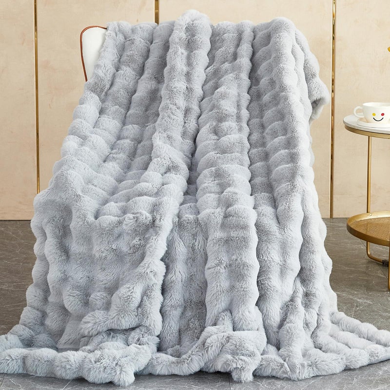SHANNA Soft Warm Rabbit Plush Fleece Blankets Thick 1000 GSM Throws for Sofa Large Fluffy Versatile Blanket Bed Throw for Bedroom Couch Travel Kids Camping Light Grey 100  160cm