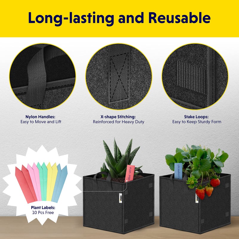 iPower GLGROWBAGCUBIC3X5 5 Pack 3 Gallon Square Grow Bags Thick Fabric Planting Pots with Handles for Indoor and Outdoor Garden, Black - Image 3