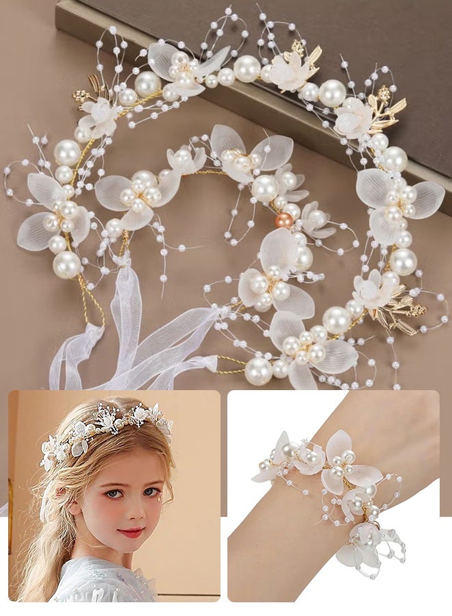 Headband Wedding Flower Girls, Wrist Flower, Princess Headpiece for Bridal Pearl Crystal Beads Fairy Gold Vine Hair Accessories (2 Pack) - Image 1