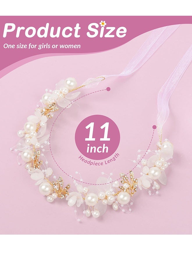 Headband Wedding Flower Girls, Wrist Flower, Princess Headpiece for Bridal Pearl Crystal Beads Fairy Gold Vine Hair Accessories (2 Pack) - Image 4