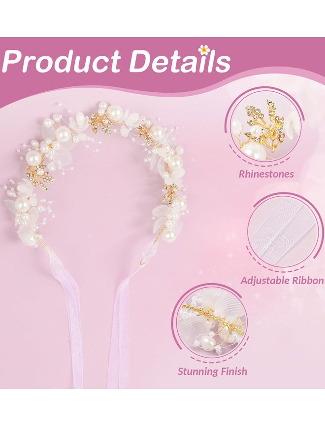 Headband Wedding Flower Girls, Wrist Flower, Princess Headpiece for Bridal Pearl Crystal Beads Fairy Gold Vine Hair Accessories (2 Pack) - Image 2