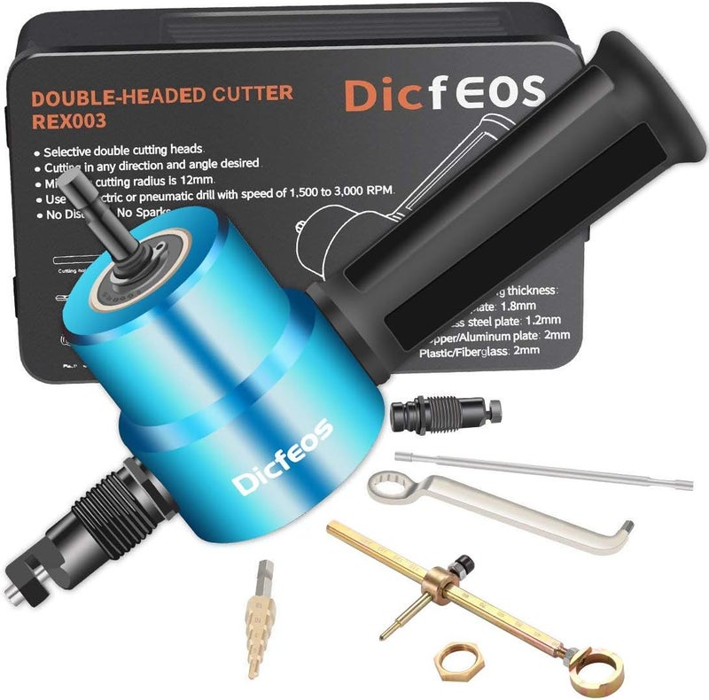 Dicfeos Double Head Metal Sheet Nibbler Cutter with Circle Cutting Accessories, Drill Attachment with Wrench and Parts, Maximum 14 Gauge Steel - Image 1