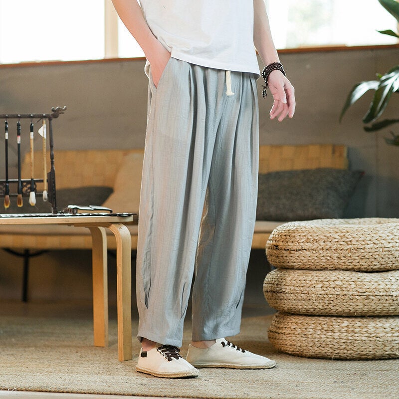Dagging Ice Silk Cropped Casual Pants Mens Summer Thin Loose Bloomers Chinese Style Solid Color Sports Wide Leg Pants Grey - Image 2