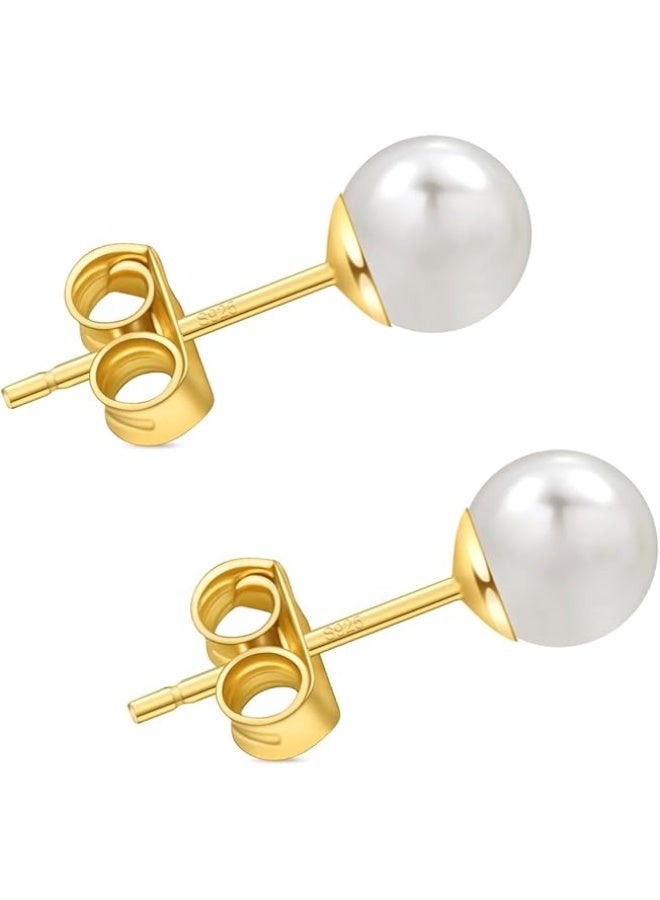 Hain 4MM Freshwater Pearl Stud Earrings for Women, Hypoallergenic 18K Gold Vermeil Earrings Studs with Genuine Round White Pearls  - Image 1