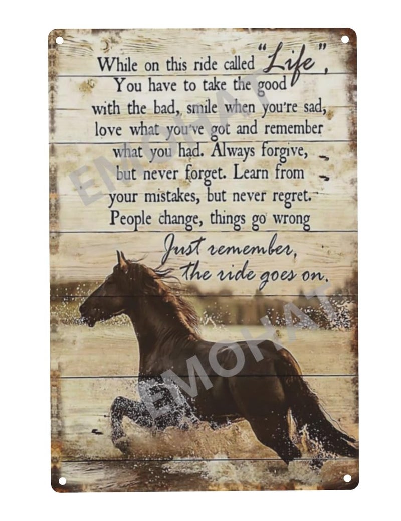 EMOHAT Horse Metal Tin Sign The Ride Goes Inspirational Retro Decor Wall Decoration Gifts for Horse lovers On Cowgirl Home Bedroom Living Room 8x12 Inch - Image 1