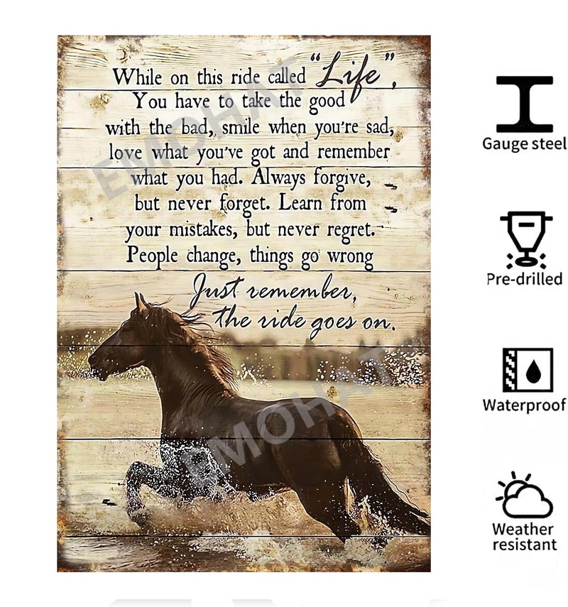EMOHAT Horse Metal Tin Sign The Ride Goes Inspirational Retro Decor Wall Decoration Gifts for Horse lovers On Cowgirl Home Bedroom Living Room 8x12 Inch - Image 2