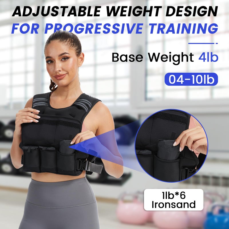 VBSD Adjustable Weighted Vest for Women Men 4-10lb Vest with 6 Ironsand Weights Body Weight Vest with Reflective Strip for Running Walking Strength Training Workouts - Image 4