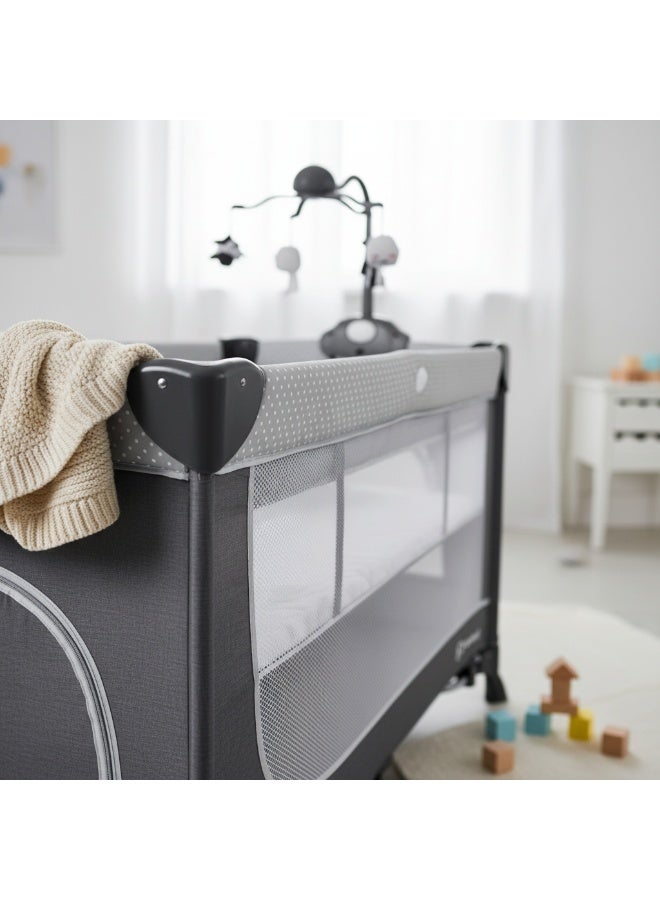 Kinderkraft Leody Travel Cot with Accessories – 2-Level Foldable Baby Bed with Changing Table, Toy Bar, and Storage Organizer – Grey - Image 2