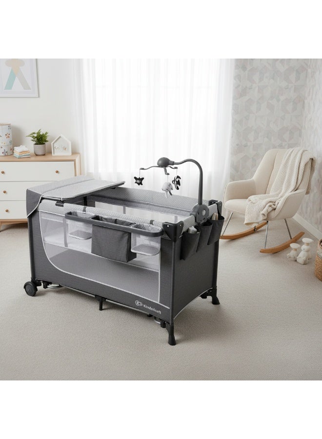 Kinderkraft Leody Travel Cot with Accessories – 2-Level Foldable Baby Bed with Changing Table, Toy Bar, and Storage Organizer – Grey - Image 3