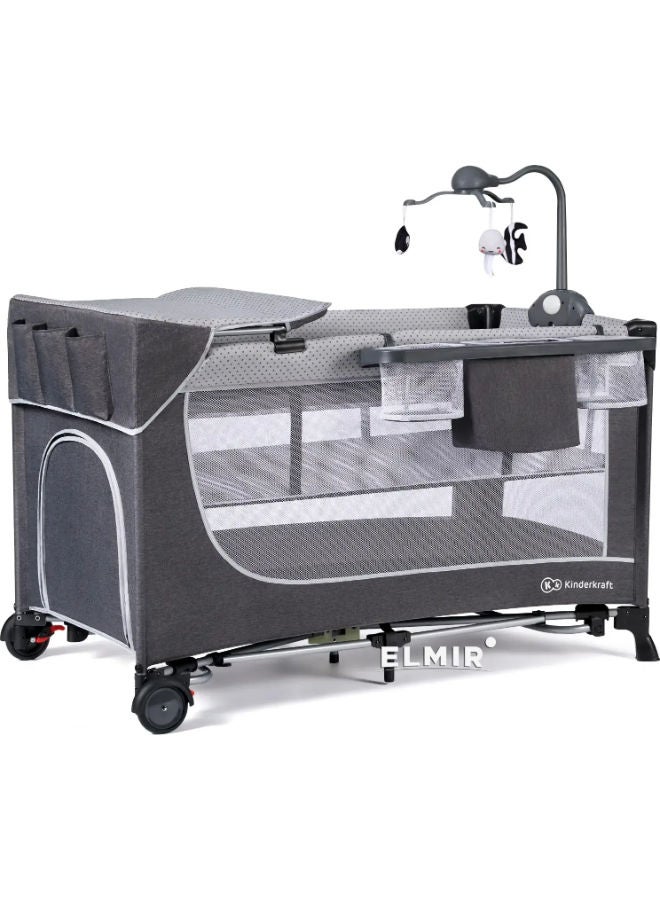 Kinderkraft Leody Travel Cot with Accessories – 2-Level Foldable Baby Bed with Changing Table, Toy Bar, and Storage Organizer – Grey - Image 1