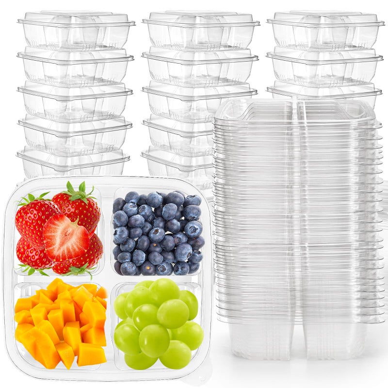 Peohud 50 Pack Clear Bento Snack Containers 4 Compartment Food Storage Containers Reusable Meal Prep Containers Plastic Divided Bento Boxes with Lids for Lunch Work Travel